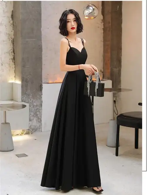 黑色晚礼服2022新款抹胸吊带年会影楼艺考演出宴会高级质感小礼服