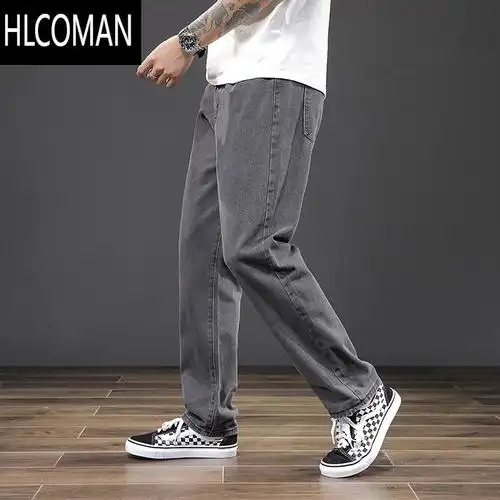 hlcoman男生裤子休闲复古韩版潮流灰色秋季青年宽松直筒裤高街牛仔裤