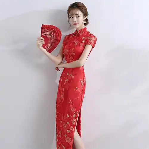 复古唐装红色长款修身旗袍货号ag0012