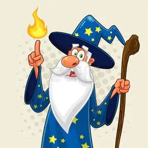 老巫师卡通人物拄着拐杖制作魔法.带背景的矢量图