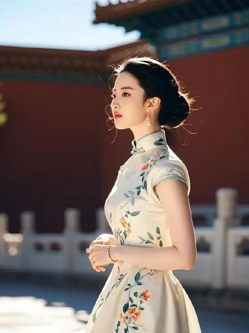 在故宫的红墙绿瓦下,刘亦菲身着旗袍,优雅地走在历史的长廊中,领略