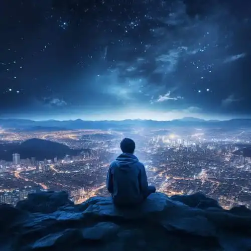 深夜男人山顶独自面对城市喧嚣灯火男生背影头像 ai孤独感星空下失恋