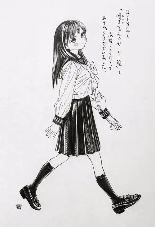 白纸黑稿下的水手服女孩,仅凭线条就能元气满满!