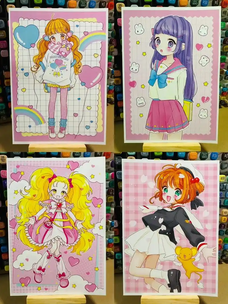 粉色背景系列女生/可爱动漫人物全身马克笔.#这画是用了亿点点 - 抖音