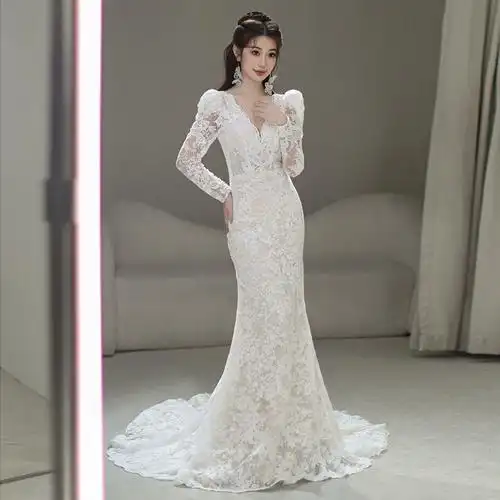 新娘迎宾纱高端鱼尾名媛宴会长袖小拖尾礼服裙蕾丝轻婚纱2023新款