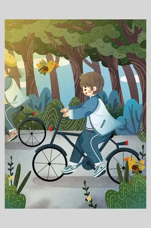 扁平风春游踏青骑单车插画素材
