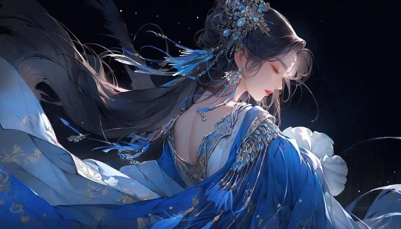 蓝色系横版古风插画:水袖舞姬唱今生,有幸流年曾相识.