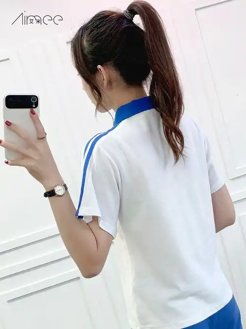 刘亦菲同款翻领短袖蓝白校服上衣高中生学院男女学生校服