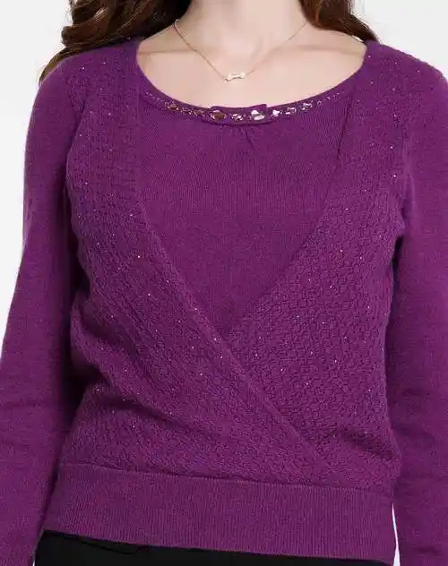 女款玫紫色经典长袖纯山羊绒衫