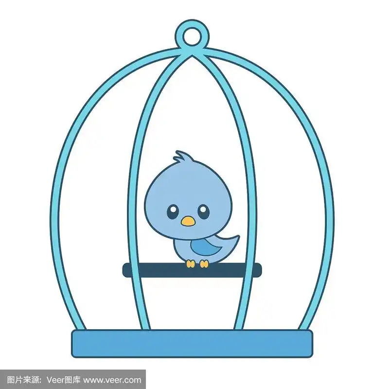 可爱的鸟在笼子与轮廓矢量插图在白色