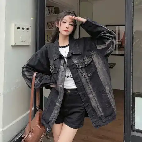 现货大码胖mm黑色牛仔外套女韩版宽松休闲百搭扎染工装夹克ins潮 - 17