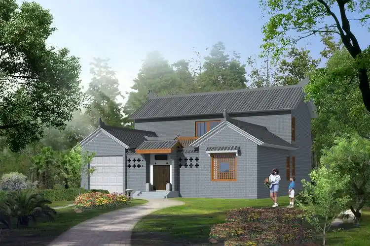 新中式四合院效果图 创新设计,新中式附车库,餐厅厨房共用; 室内装修