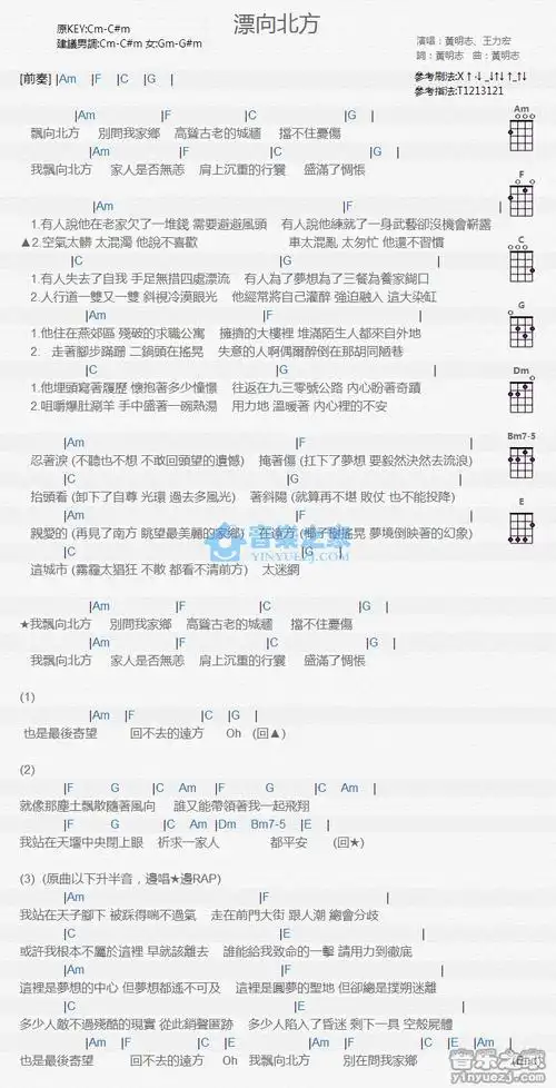 黄明志王力宏飘向北方尤克里里弹唱谱