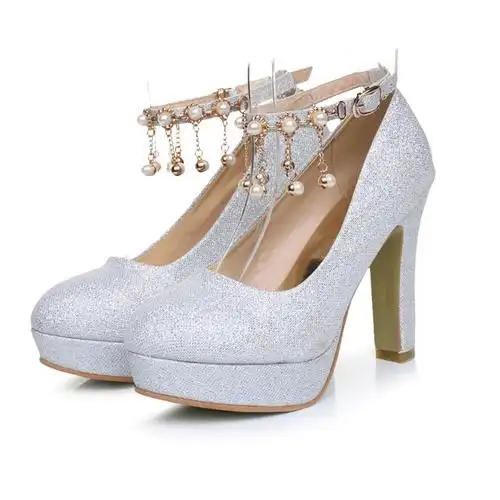 2017新款婚鞋新娘鞋白色粗跟银色高跟鞋女伴娘鞋子婚纱水晶鞋金色