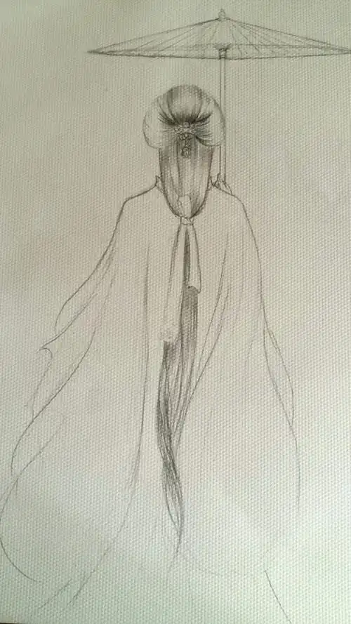 手绘古风唯美撑伞女子背影线稿
