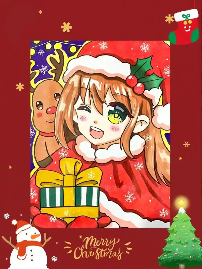 圣诞主题动漫人物97儿童创意画含线稿 这次的画面适合9-12岁的孩子