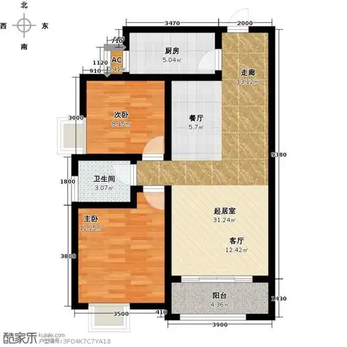25㎡ 两室两厅一卫户型2室2厅1卫户型图大全,装修户型图,户型图分析