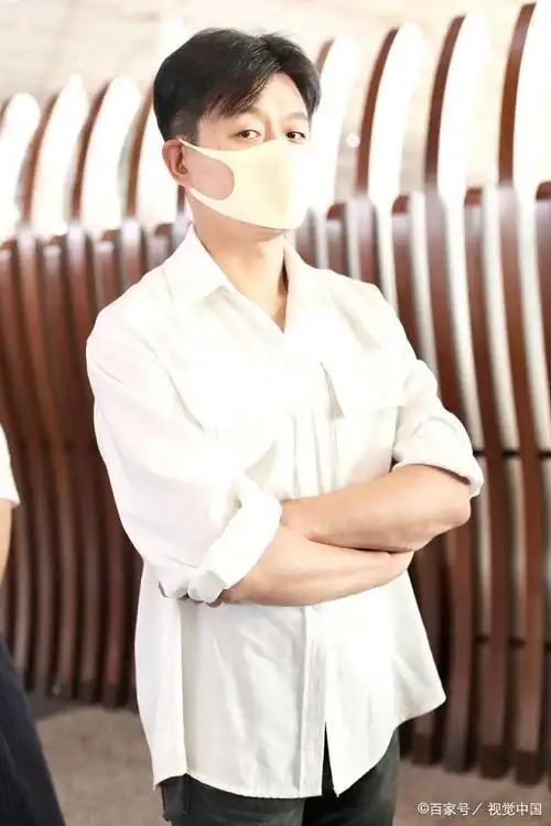 佟大为素颜出镜戴着口罩,身穿白衬衫和黑裤子,推着行李箱登记十分朴素