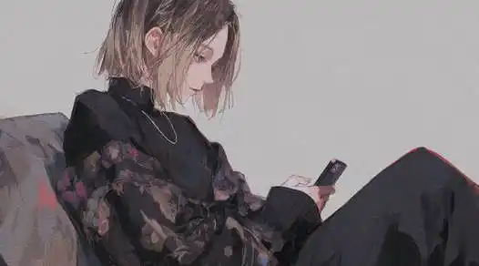 坐在沙发上,翘着腿看手机的时尚短发动漫手绘美女高清桌面壁纸图片