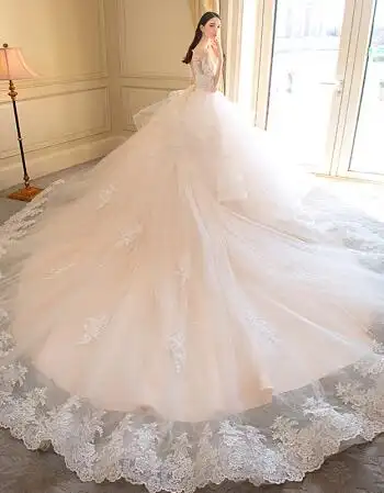 婚纱礼服2018新款新娘一字肩齐地拖尾韩式结婚公主梦幻轻 白色拖尾