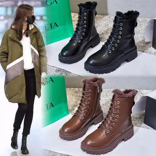 真羊毛马丁靴冬季2023新款短靴加厚英伦风真皮女靴休闲中筒鞋子女