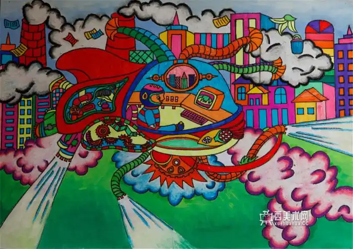 小学生科幻画《超级清洁机》欣赏__科幻画_科幻画图片大全_学画画网_