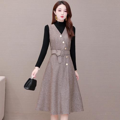 大码连衣裙女春秋两件套2020年秋装韩版新款收腰显瘦气质背带套装裙子