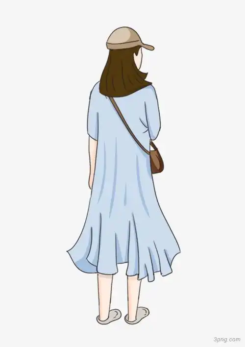 身穿蓝色连衣裙的女孩背影png素材透明免抠图片-卡通手绘