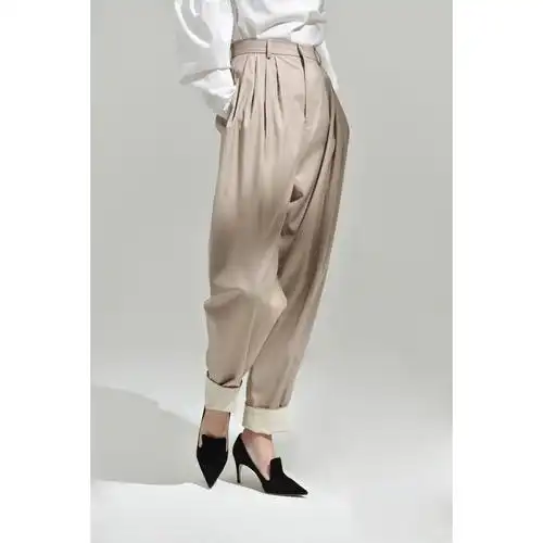 cds克洛奇独家自制2018春季新款女长款高腰宽松卡其色翻边萝卜