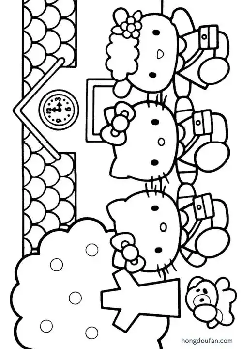 三个好朋友手拉手去学校凯蒂猫hellokitty涂色卡通简笔画大全