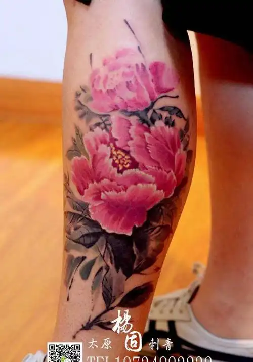 牡丹纹身图片_成品手稿传统国画腿部植物脚部静物纹身图案