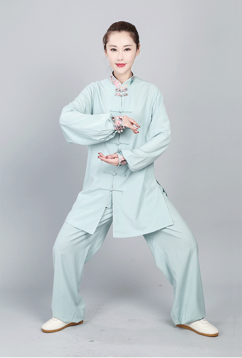 太极服棉麻女春秋长袖琵琶扣中长中老年人练功服装中国风新款晨练粉红