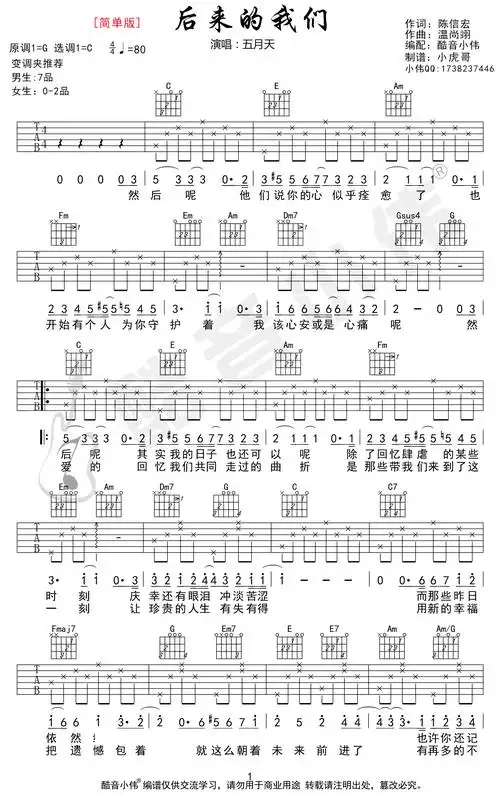 后来的我们吉他谱五月天c调简单版弹唱六线谱