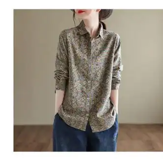 笛朴折扣专柜女装文艺长袖棉麻碎花衬衫春季宽松显瘦百搭上衣绿色定制