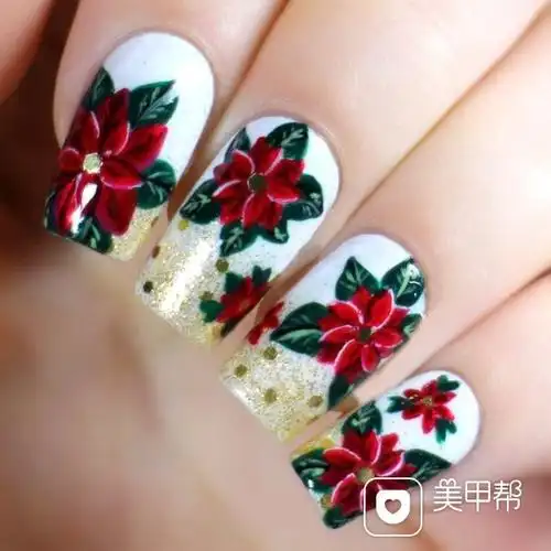 红手绘方形写实油画风手绘圣诞花美甲美甲图片