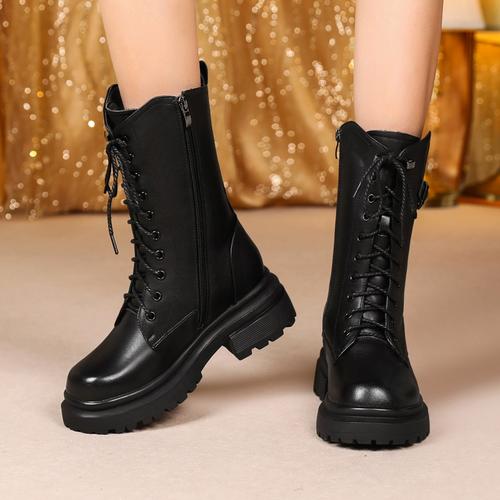 真皮马丁靴女士中筒靴加厚羊毛女靴皮毛一体靴子加绒棉鞋长靴女款