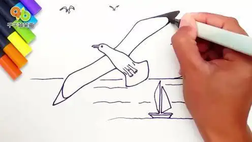 儿童简笔画带有海鸥沙滩和船