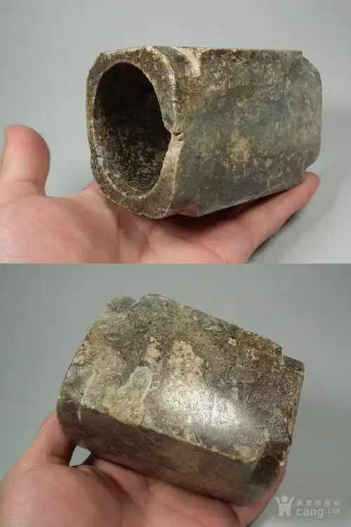 华夏古玩城 玉器 高古 > 良渚文化时期青玉带鸡骨白灰*沁色单节大方