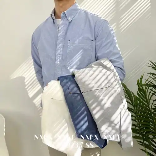 精品日系牛津纺衬衫男高支高密纯棉长袖衬衣春季口袋简约休闲衬衣 - 1