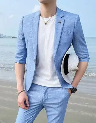 西装两件套职业面试正装白领工作服新郎伴郎结婚礼服成人礼宴会浅蓝色