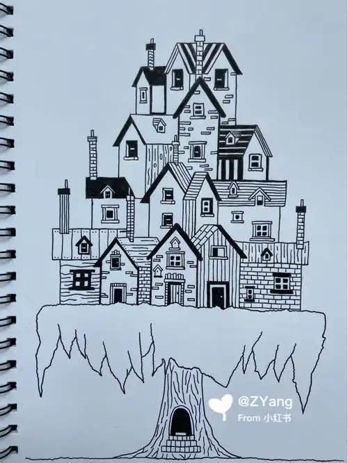 黑白建筑线条画房子