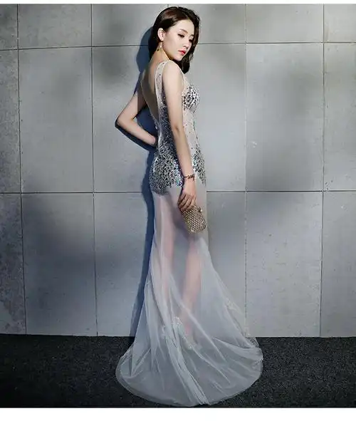 性感礼服长款晚装鱼尾v领镶钻夜店名媛宴会晚礼服透视装夜店长裙