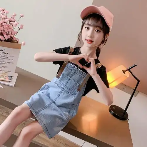 女童牛仔背带裙套装连衣x裙子7中大童8吊带9女孩12夏装10岁小学生