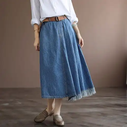 代勒不规则腰带子夏裙子流苏下摆复古大码女士半身裙