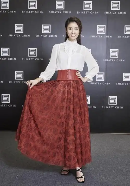 林心如久违亮相活动穿黑色连衣裙没腰线全程手遮肚子孕味十足