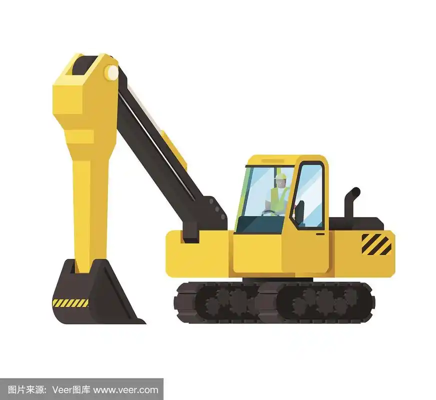 矢量插图与卡通平面工业挖掘机.