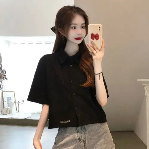 实拍 新款开叉甜酷黑色短款上衣女夏宽松小个子t恤短袖