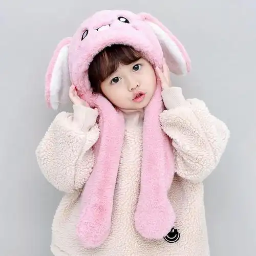 网红兔耳朵会动儿童帽子围巾一体帽冬季毛绒小孩可爱女童男童宝宝