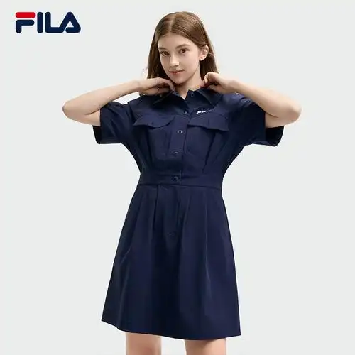 新款 翻领收腰显瘦工装 fila斐乐梭织连衣裙女2024夏季 - 运动服/休闲