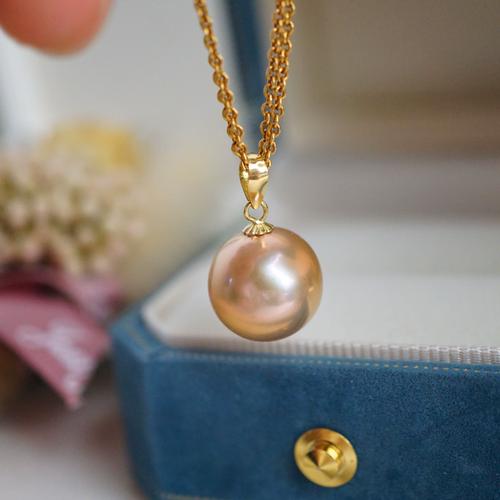 18k 超大镜面极亮正圆无暇 天然淡粉色珍珠项链吊坠12.2mm